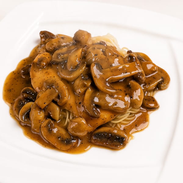 Chicken Marsala with mushrooms and gravy over pasta on a white plate.
